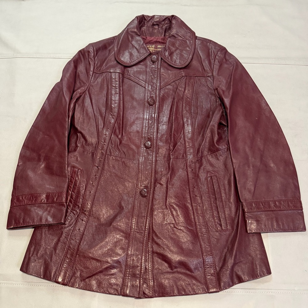 True VTG JcPenny Montgomery Ward Tannery Women Burgundy Leather Rodeo Jacket-M/L